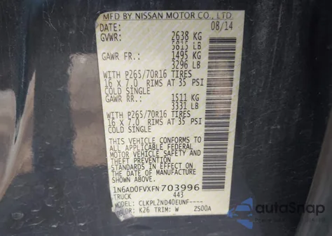 2015 Nissan Frontier Sv z USA, uszkodzony, nr VIN 1N6AD0FVXFN703996